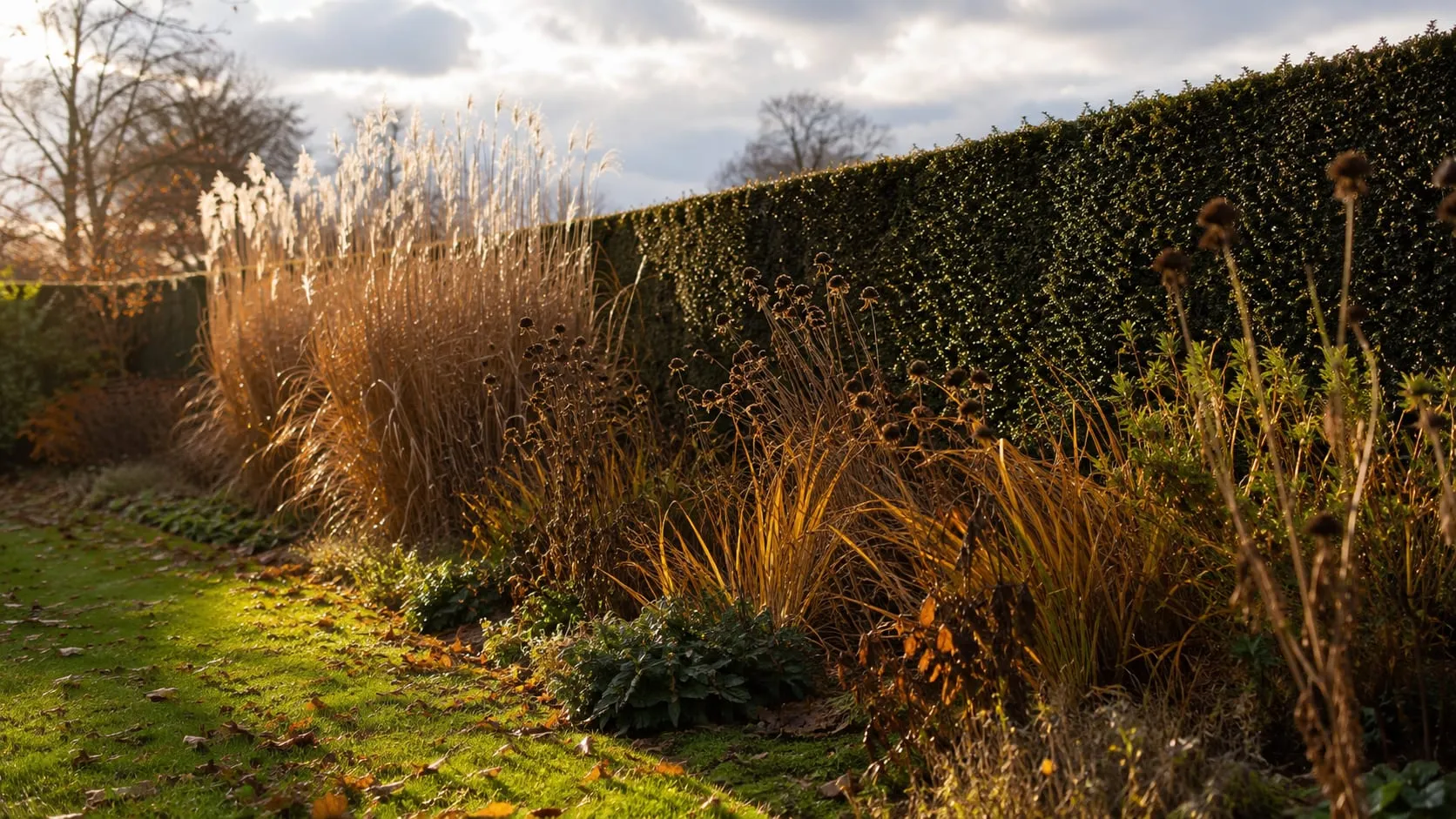 Tall miscanthus grasses and rudbeckia seedheads in bronze and straw tones catching low November light, a clipped yew hedge behind.