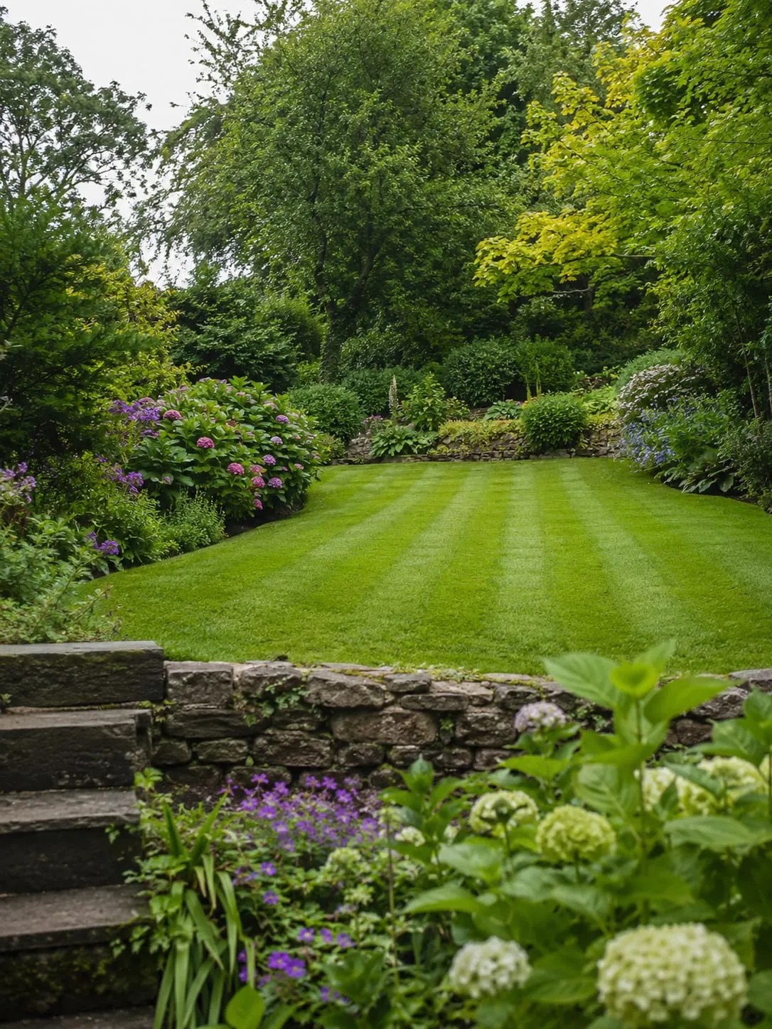 A crisply mown striped lawn on the middle terrace of a sloping garden, edged by a low dry stone wall and deep green summer borders.